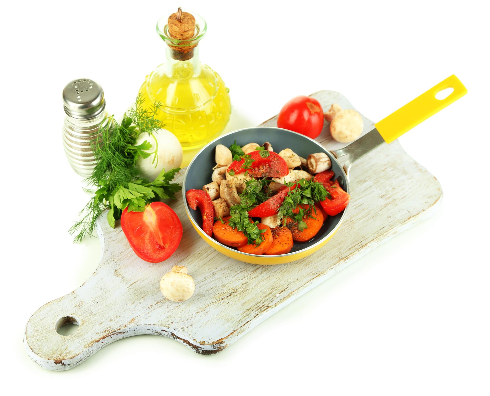 Pan and fresh vegetables for recipes